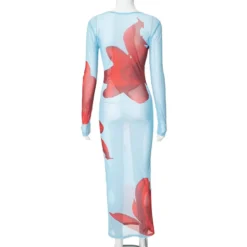 Women's Summer Sexy See-Through Mesh Deep V Long Sleeve Printed Slim Long Dress -Deals Toggenix Store a1a1083f12d5dad4