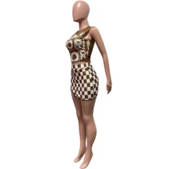 Women Clothes Fashion Print Sleeveless Vest Checker Mini Slit Skirt Two Piece Set