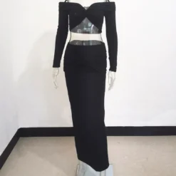 Fall Women Off Shoulder Halter Neck Long Sleeve Knot Crop Top+ Maxi Dress Two Piece -Deals Toggenix Store a26385930c2810a7