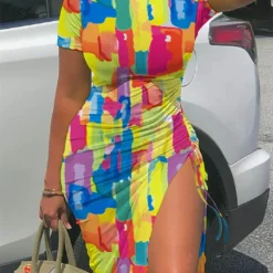 Sexy Multicolor Print Short Sleeve Drawstring Irregular Casual Dress