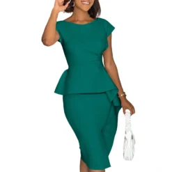Plus Size Women Round Neck Solid Short Sleeve Slit Dress