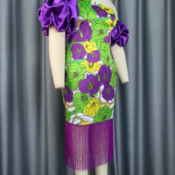 Women Slash Shoulder Balloon Sleeve Floral Print Tassel Dress