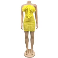 Solid Mesh See-Through Feather Lace-Up Strapless Tank Top Ruffled Midi Skirt Two Piece Set -Deals Toggenix Store a2eccd285f3932db