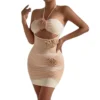 Women Floral Cutout Strapless Pleated Backless Bodycon Dress