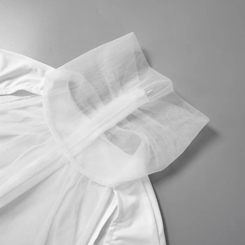 Women's Summer Solid Color Patchwork Mesh Round Neck Long Sleeve Slim Fit Pleated Short Dress 12 Women's Summer Solid Color Patchwork Mesh Round Neck Long Sleeve Slim Fit Pleated Short Dress - Image 12