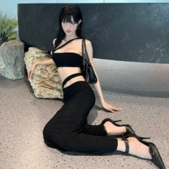 Women Summer Style Slash Shoulder Halter Neck Crop Top And Skirt Two Piece Set