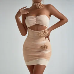 Women Floral Cutout Strapless Pleated Backless Bodycon Dress -Deals Toggenix Store a45562ee533cf3a4