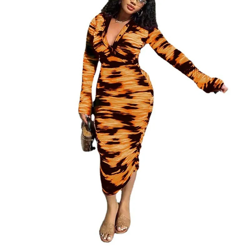 Women's Spring And Summer Printed Fashion Casual Pleated Long Sleeve Slim Chic Long Dress 8 Women's Spring And Summer Printed Fashion Casual Pleated Long Sleeve Slim Chic Long Dress - Image 8