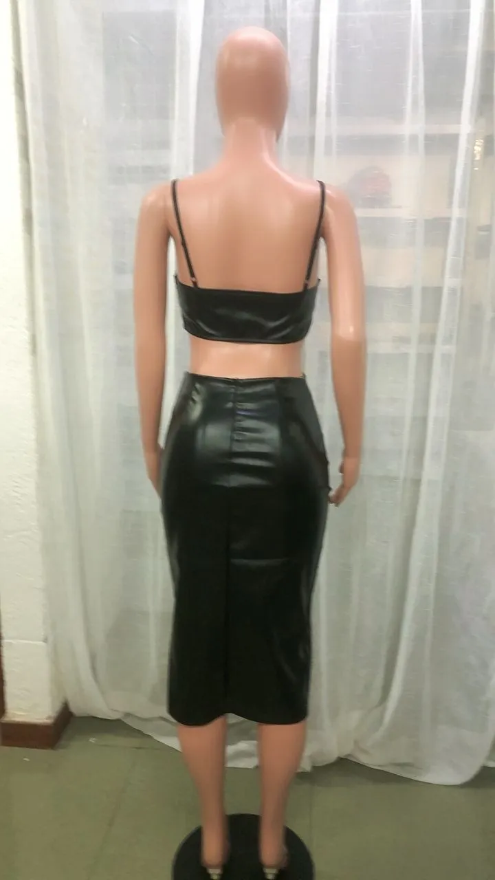 Women Clothes Sexy Black Pu Leather Strap Crop Top Slim Sli Skirt Two Piece Set 2 Women Clothes Sexy Black Pu Leather Strap Crop Top Slim Sli Skirt Two Piece Set - Image 2