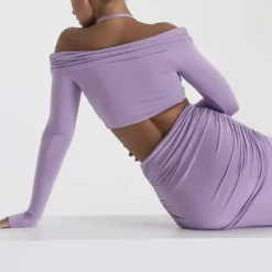 Fall Women Off Shoulder Halter Neck Long Sleeve Knot Crop Top+ Maxi Dress Two Piece -Deals Toggenix Store a68e87ad83ee7245