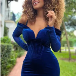 Women's Fashion Mesh Long Sleeve Off Shoulder V-Neck Velvet Strap Dress -Deals Toggenix Store a7179effe0e14974