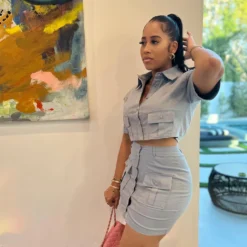 Women Solid Button Pocket Top And Camouflage Skirt Two-Piece Set -Deals Toggenix Store a72a62175e6f41ac