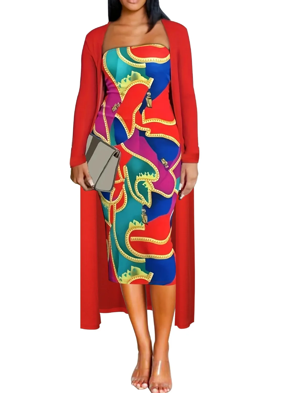 Strapless Printed Dress Long Jacket Two-Piece Set For Women 4 Strapless Printed Dress Long Jacket Two-Piece Set For Women - Image 4
