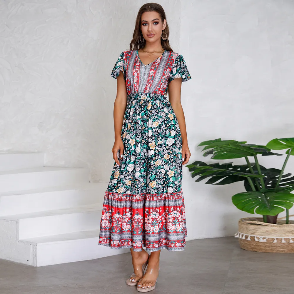 Women's Summer V-Neck Ruffle Sleeve Floral Print Long Dress 16 Women's Summer V-Neck Ruffle Sleeve Floral Print Long Dress - Image 16