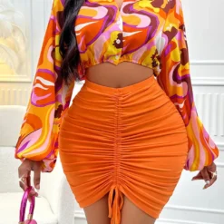 Fashionable And Sexy Women's Autumn And Winter Print Open Waist Long-Sleeved Shirt Knitting Skirt Suit For Women -Deals Toggenix Store a890c25f511eb3d9