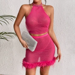 Women's Fishnet See-Through Sexy Halter Neck Vest Plush Skirt 2-Piece Set -Deals Toggenix Store a8eed83f2e33c428