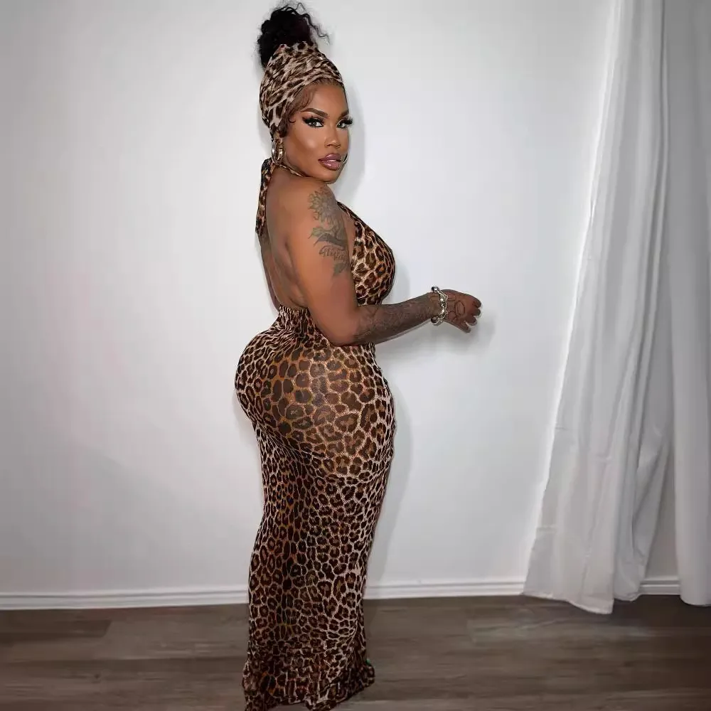 Women Printed Lace-Up Halter Neck Elastic Pleated Bodycon Leopard Print Dress 5 Women Printed Lace-Up Halter Neck Elastic Pleated Bodycon Leopard Print Dress - Image 5