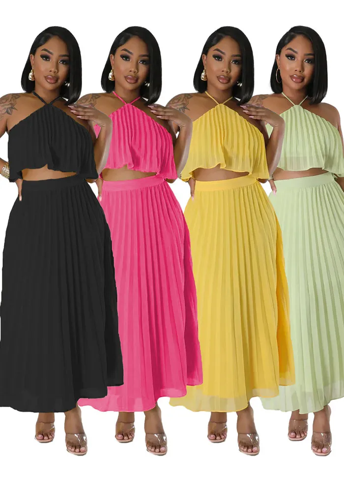 Women Summer Casual Solid Sleeveless Pleated Lace-Up Pleated Skirt 2 Women Summer Casual Solid Sleeveless Pleated Lace-Up Pleated Skirt - Image 2