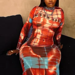 Women Fall Printed Long Sleeve Bodycon Maxi Dress -Deals Toggenix Store a9c113d8dbb914e3