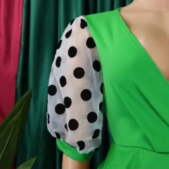 Women Summer Mesh Flocked Puff Sleeves V-neck Bodycon Dress -Deals Toggenix Store aa17195d2f3456de