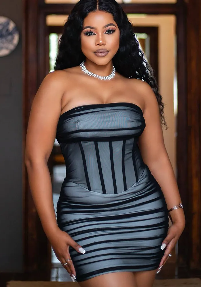 Women Sexy Off-the-shoulder Strapless Bodycon Pleated Dress 2 Women Sexy Off-the-shoulder Strapless Bodycon Pleated Dress - Image 2