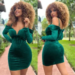 Women's Fashion Mesh Long Sleeve Off Shoulder V-Neck Velvet Strap Dress