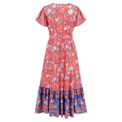 Women's Summer V-Neck Ruffle Sleeve Floral Print Long Dress