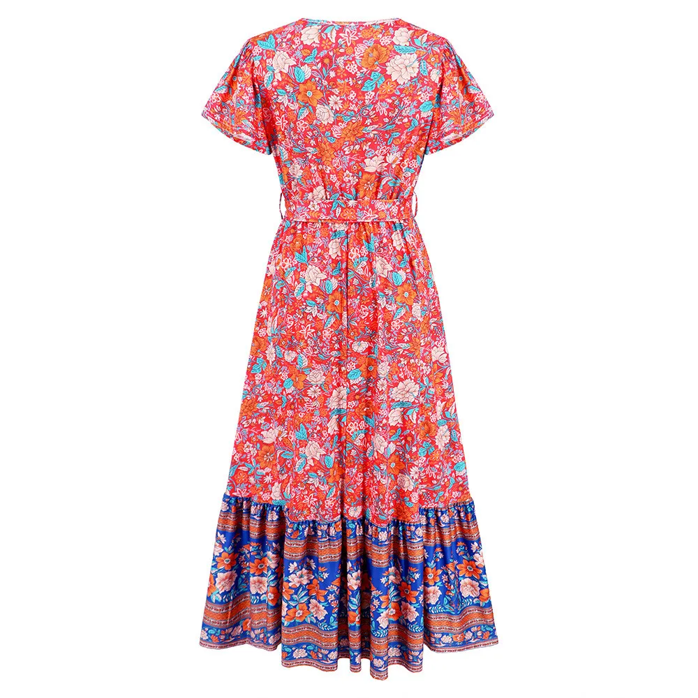 Women's Summer V-Neck Ruffle Sleeve Floral Print Long Dress 1 Women's Summer V-Neck Ruffle Sleeve Floral Print Long Dress