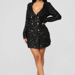 Women Sexy Black Sequins Double Breasted Long Sleeve Career Dress -Deals Toggenix Store ab9e723971f9685e