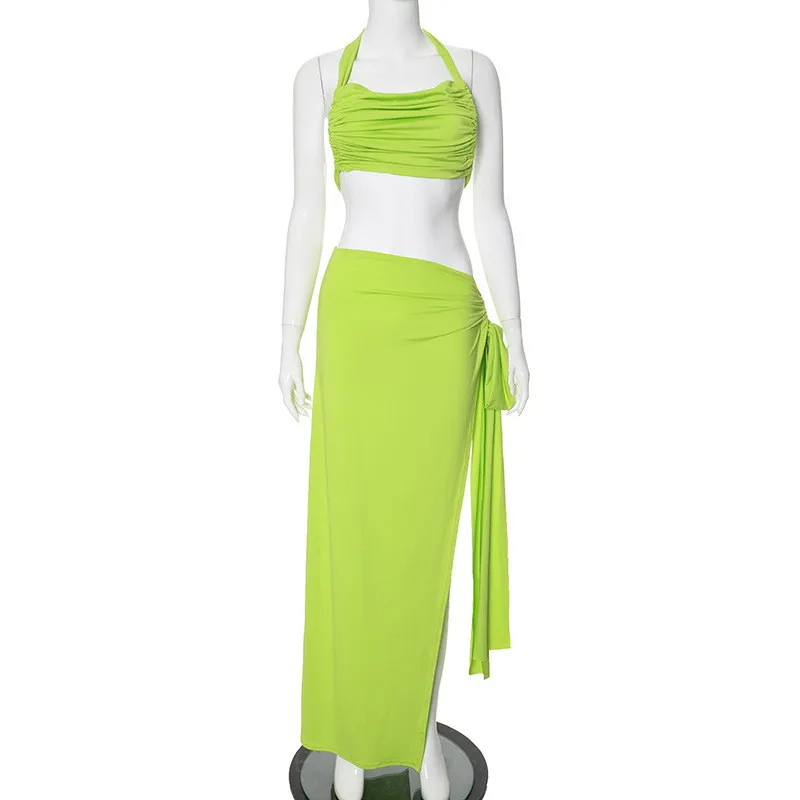 Women Summer Solid Gathered Backless Top And Slit Skirt Casual Two-piece Set 8 Women Summer Solid Gathered Backless Top And Slit Skirt Casual Two-piece Set - Image 8