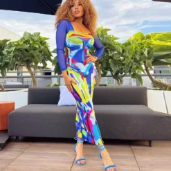 Women's Mesh Long Sleeve Square Neck Printed Dress -Deals Toggenix Store ae7488258ef0c709