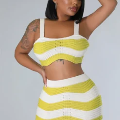 Summer Fashionable Contrasting Stripes Sexy Knitting High Waist Two Piece Skirt Set -Deals Toggenix Store aecc4053434af667