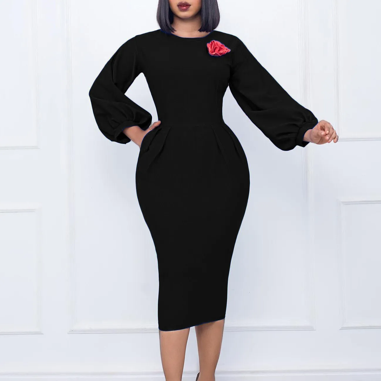 Women's Fall Winter Solid Color Bodycon Pro Ol Chic Plus Size African Dress 3 Women's Fall Winter Solid Color Bodycon Pro Ol Chic Plus Size African Dress - Image 3