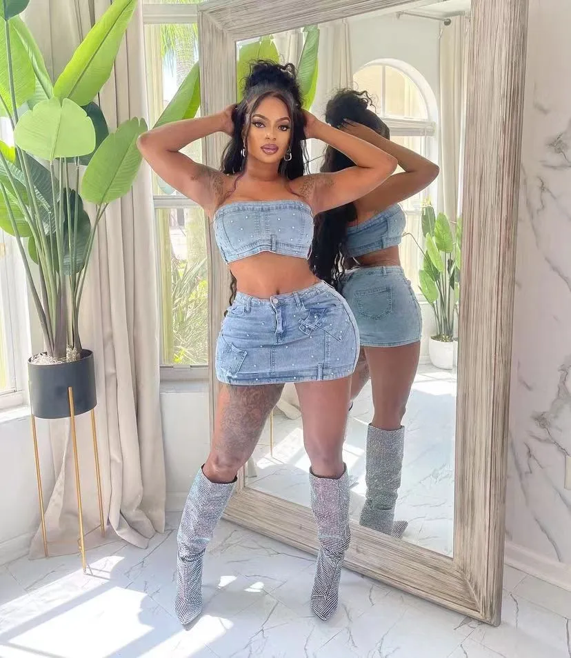 Fashionable Women's Clothing Beaded Strapless Stretch Denim Two Piece Skirt Set 7 Fashionable Women's Clothing Beaded Strapless Stretch Denim Two Piece Skirt Set - Image 7
