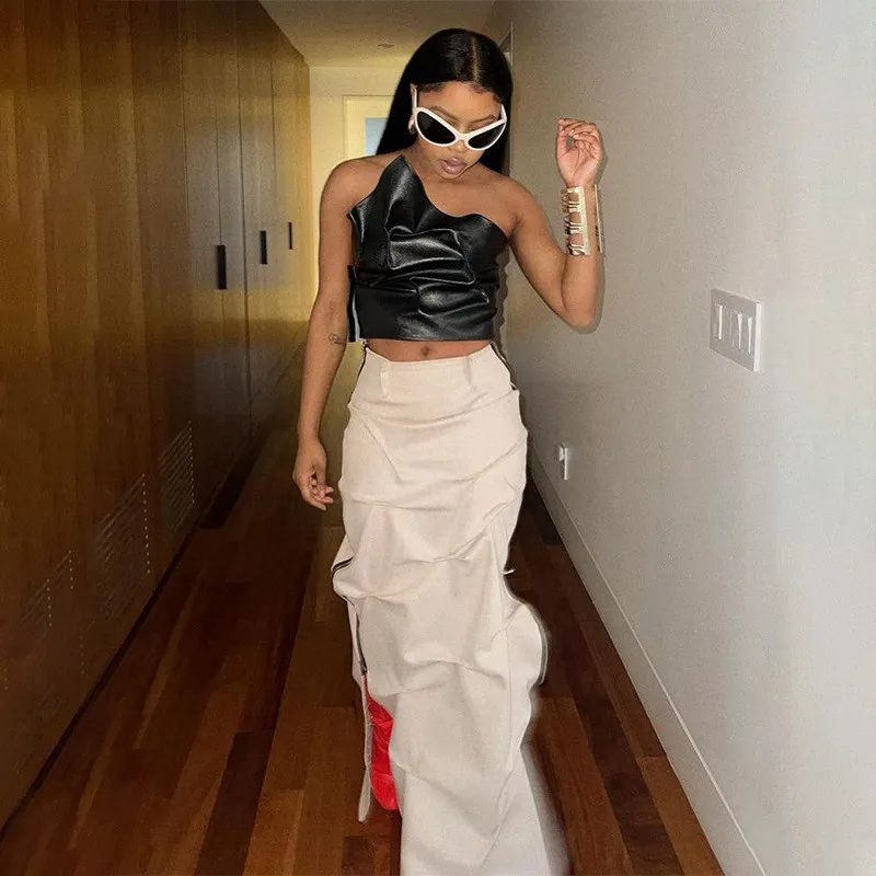 Summer Women Sexy Pu Leather Solid Strapless Fold Top 3 Summer Women Sexy Pu Leather Solid Strapless Fold Top - Image 3