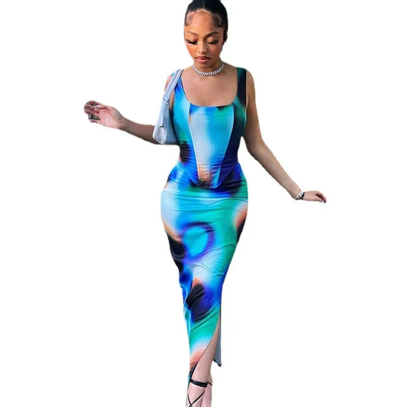 Women Printed Sleeveless Vest Top And Slit Skirt Two-piece Set 14 Women Printed Sleeveless Vest Top And Slit Skirt Two-piece Set - Image 14