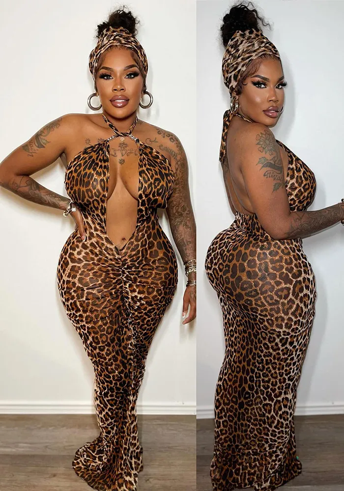 Women Printed Lace-Up Halter Neck Elastic Pleated Bodycon Leopard Print Dress 7 Women Printed Lace-Up Halter Neck Elastic Pleated Bodycon Leopard Print Dress - Image 7