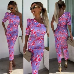 Women Summer Slash Shoulder Stretch Slit Printed Bodycon Dress -Deals Toggenix Store b1376ee538b601bb