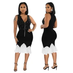 Fashion V Neck Zipper Dress Beaded Patchwork Sexy Bodycon Ruffle Dress -Deals Toggenix Store b18700b2fae2e63e