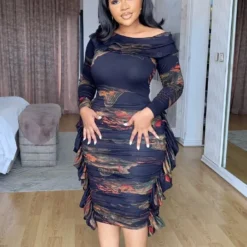 Printed Long Sleeve Pleated Bodycon Dress -Deals Toggenix Store b3a0cc18eb1dc875