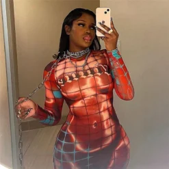 Women Fall Printed Long Sleeve Bodycon Maxi Dress