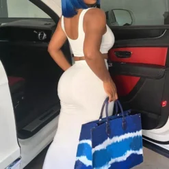 Summer Casual White Sports Bra And Midi Skirt Set