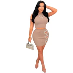 Women Solid Sleeveless Top And Sexy Heart Print Skirt Two-piece Set