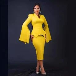 Women Solid Pleated Swing Sleeve V-Neck Dress -Deals Toggenix Store b5dfb8289a3dc4e7