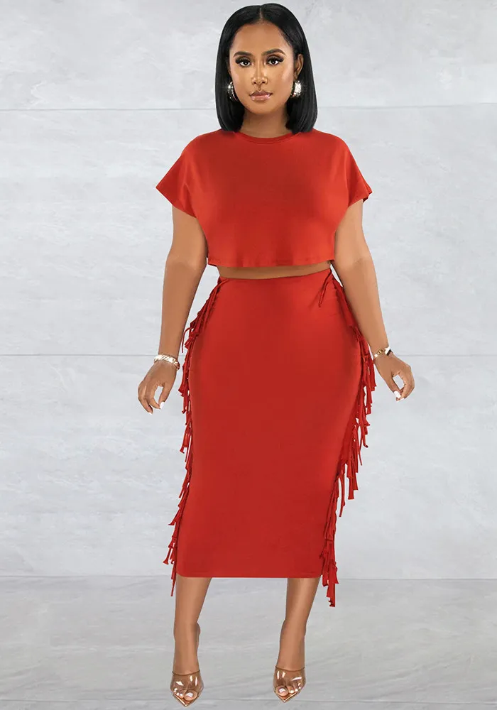 Women Solid Tassel Round Neck Short Sleeve Top And Long Dress Two-Piece Set 2 Women Solid Tassel Round Neck Short Sleeve Top And Long Dress Two-Piece Set - Image 2