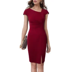 Summer Slash Shoulder Short Sleeve Pleated Solid Mid Rise Slit Bodycon Dress -Deals Toggenix Store b656a5321b5653f4