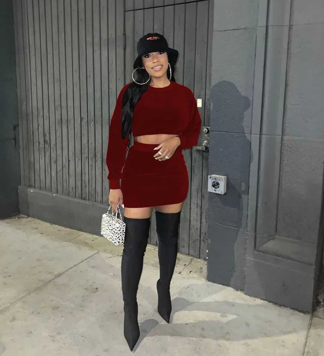 Women Velvet Long Sleeve Top And Mini Skirt Two Piece Set 4 Women Velvet Long Sleeve Top And Mini Skirt Two Piece Set - Image 4