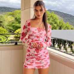 Flower Print Fashion Summer Women's Long Sleeve Square Neck Pleated Slim Bodycon Dress -Deals Toggenix Store b74821f1a18827ea