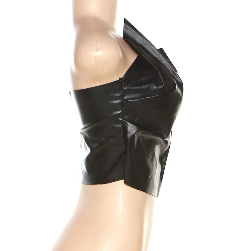 Summer Women Sexy Pu Leather Solid Strapless Fold Top 2 Summer Women Sexy Pu Leather Solid Strapless Fold Top - Image 2