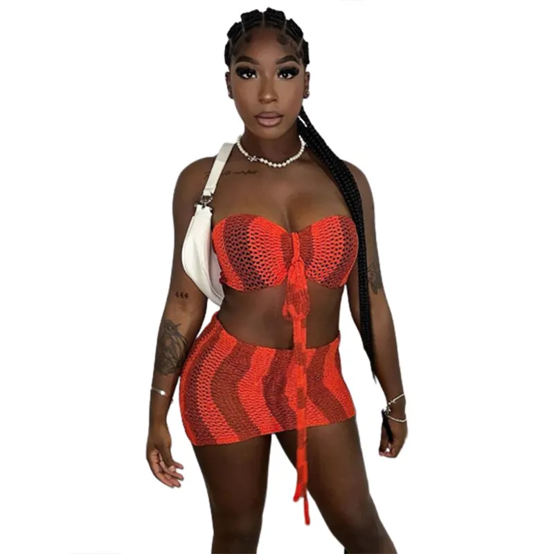 Summer Women's Sexy Hollow Contrast Color Strapless Tank Top High Waist Bodycon See-Through Skirt Set 2 Summer Women's Sexy Hollow Contrast Color Strapless Tank Top High Waist Bodycon See-Through Skirt Set - Image 2